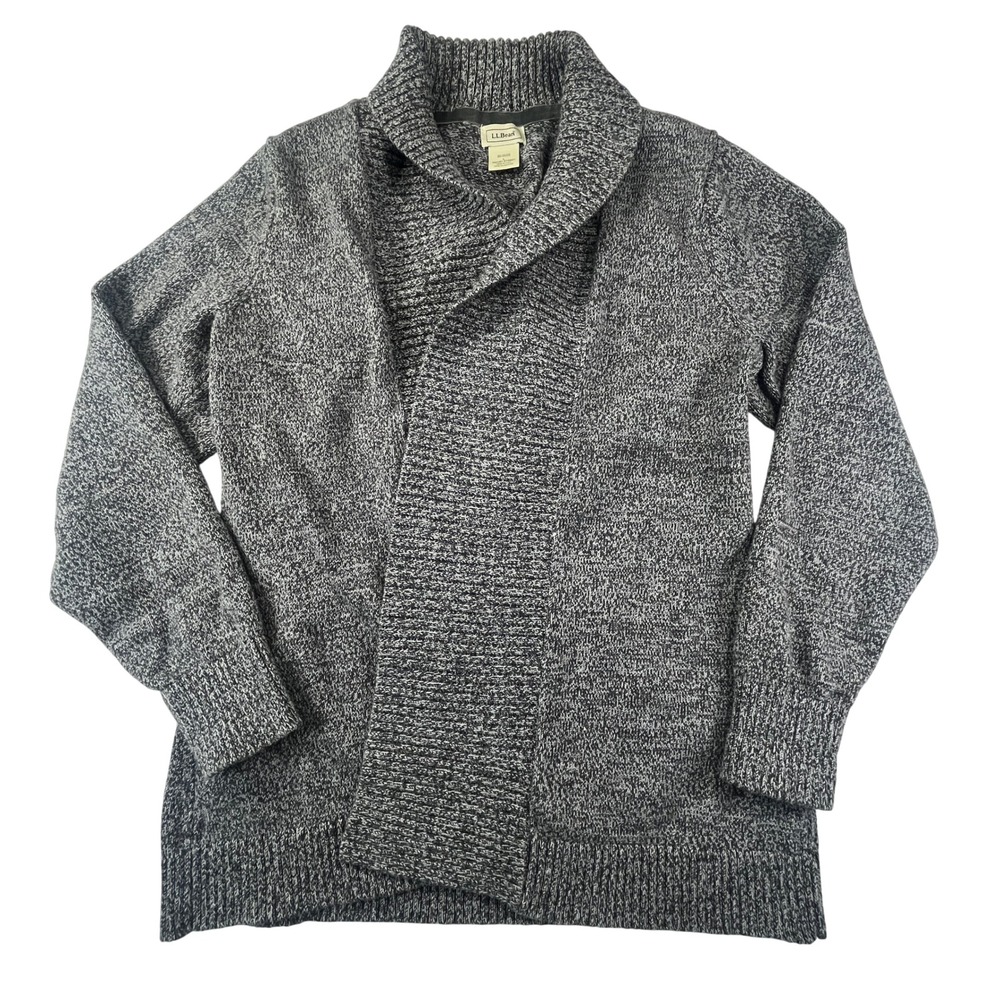 LL Bean Cardigan Womens L Gray Marled Shawl Collar Open Front Sweater Minimalist